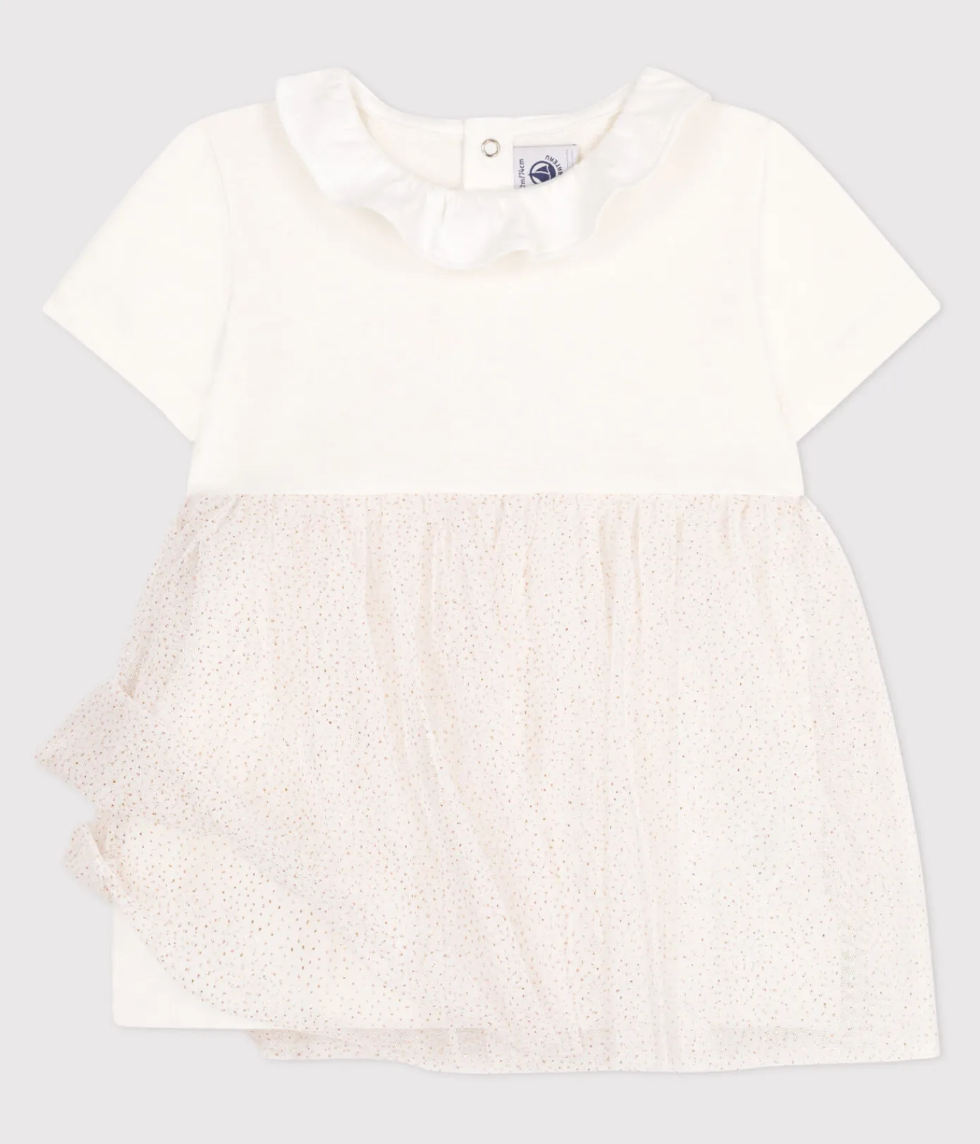 Petit Bateau Kleider*Kurzärmeliges Baby-Kleid aus Baumwolle und Tüll mit Halskrause weiss MARSHMALLOW/rosa COPPER