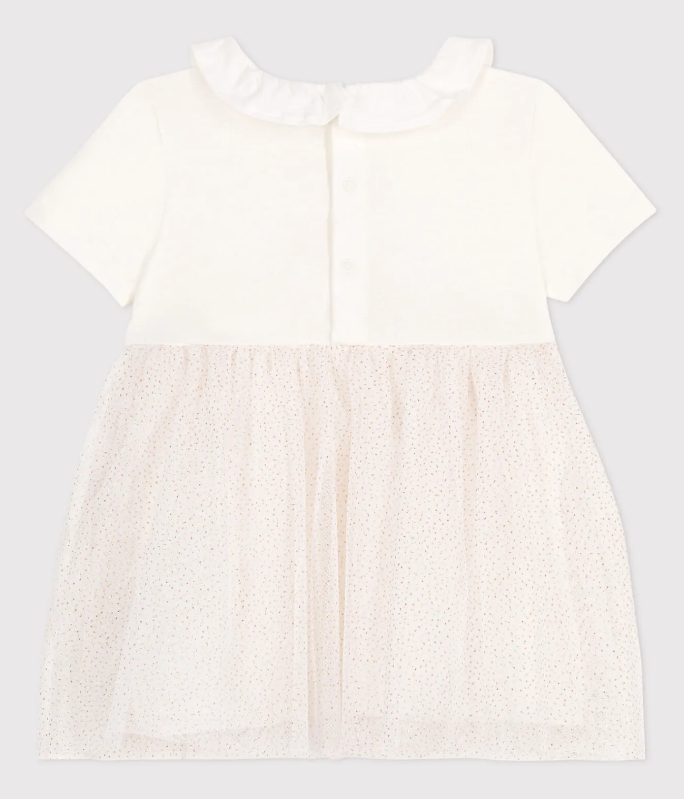 Petit Bateau Kleider*Kurzärmeliges Baby-Kleid aus Baumwolle und Tüll mit Halskrause weiss MARSHMALLOW/rosa COPPER