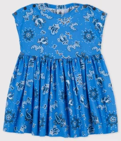 Petit Bateau Kleider*Kurzärmeliges Babykleid aus Popeline mit Bandanamuster blau BRASIER/weiss MULTICO