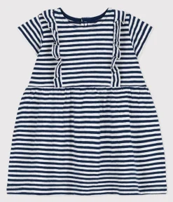 Petit Bateau Kleider*Kurzärmeliges Babykleid aus gestreiftem geflammtem Jersey blau MEDIEVAL/weiss MARSHMALLOW
