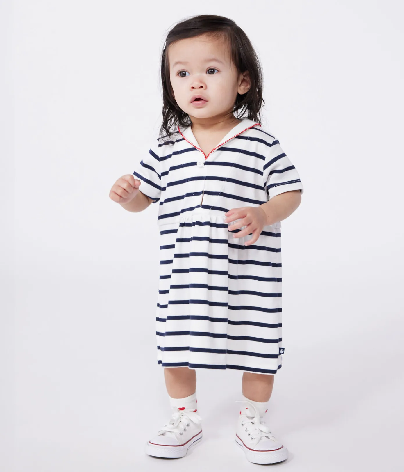 Petit Bateau Kleider*Kurzärmeliges Baby-Kleid aus Baumwolle mit Marinestreifen und Matrosenkragen weiss MARSHMALLOW/blau SMOKING