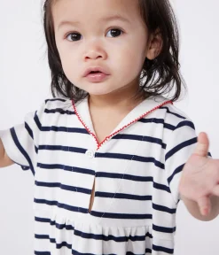 Petit Bateau Kleider*Kurzärmeliges Baby-Kleid aus Baumwolle mit Marinestreifen und Matrosenkragen weiss MARSHMALLOW/blau SMOKING