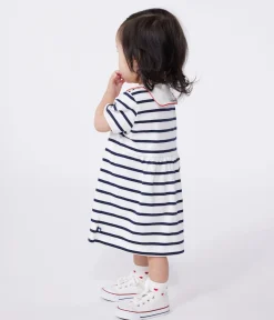 Petit Bateau Kleider*Kurzärmeliges Baby-Kleid aus Baumwolle mit Marinestreifen und Matrosenkragen weiss MARSHMALLOW/blau SMOKING