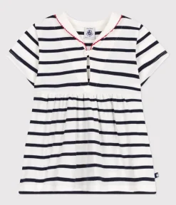 Petit Bateau Kleider*Kurzärmeliges Baby-Kleid aus Baumwolle mit Marinestreifen und Matrosenkragen weiss MARSHMALLOW/blau SMOKING