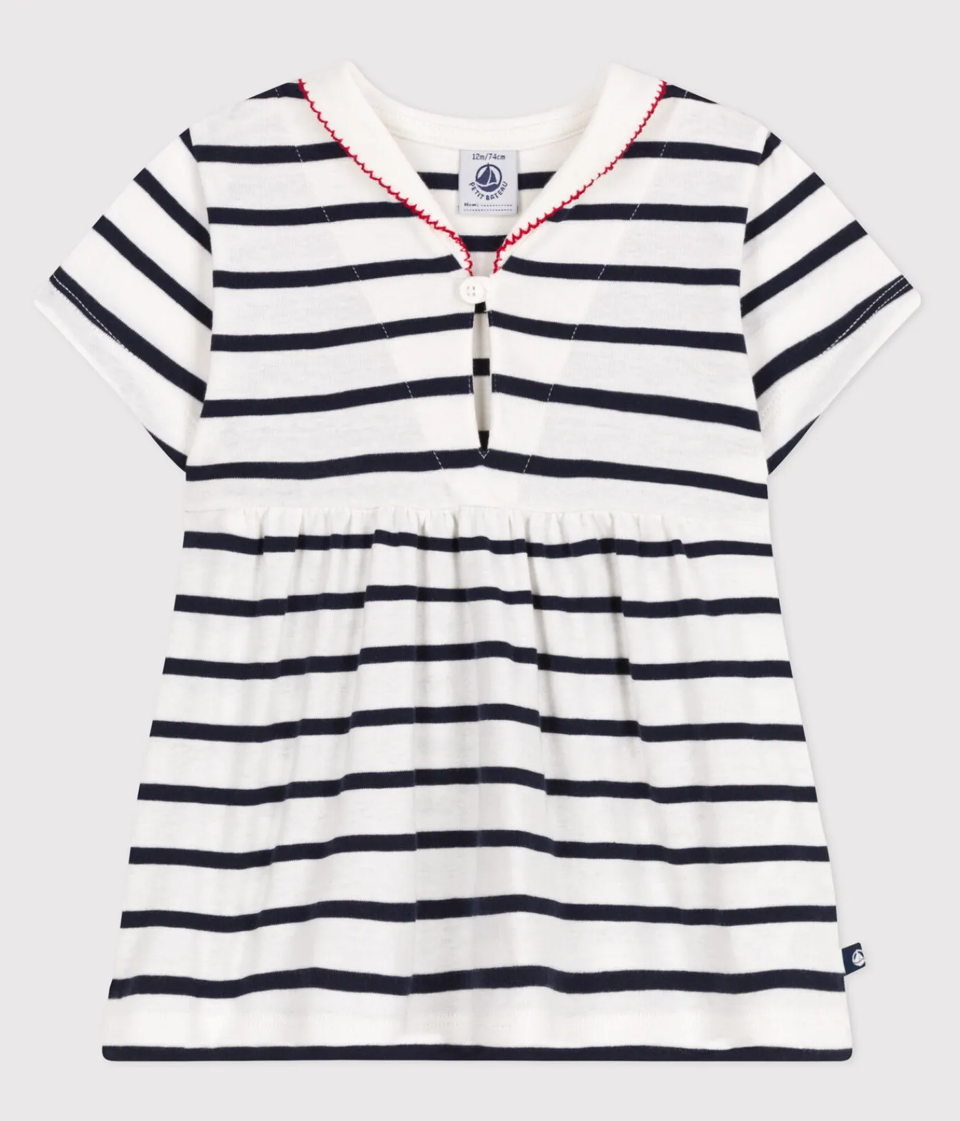 Petit Bateau Kleider*Kurzärmeliges Baby-Kleid aus Baumwolle mit Marinestreifen und Matrosenkragen weiss MARSHMALLOW/blau SMOKING