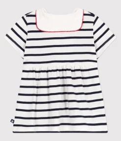 Petit Bateau Kleider*Kurzärmeliges Baby-Kleid aus Baumwolle mit Marinestreifen und Matrosenkragen weiss MARSHMALLOW/blau SMOKING