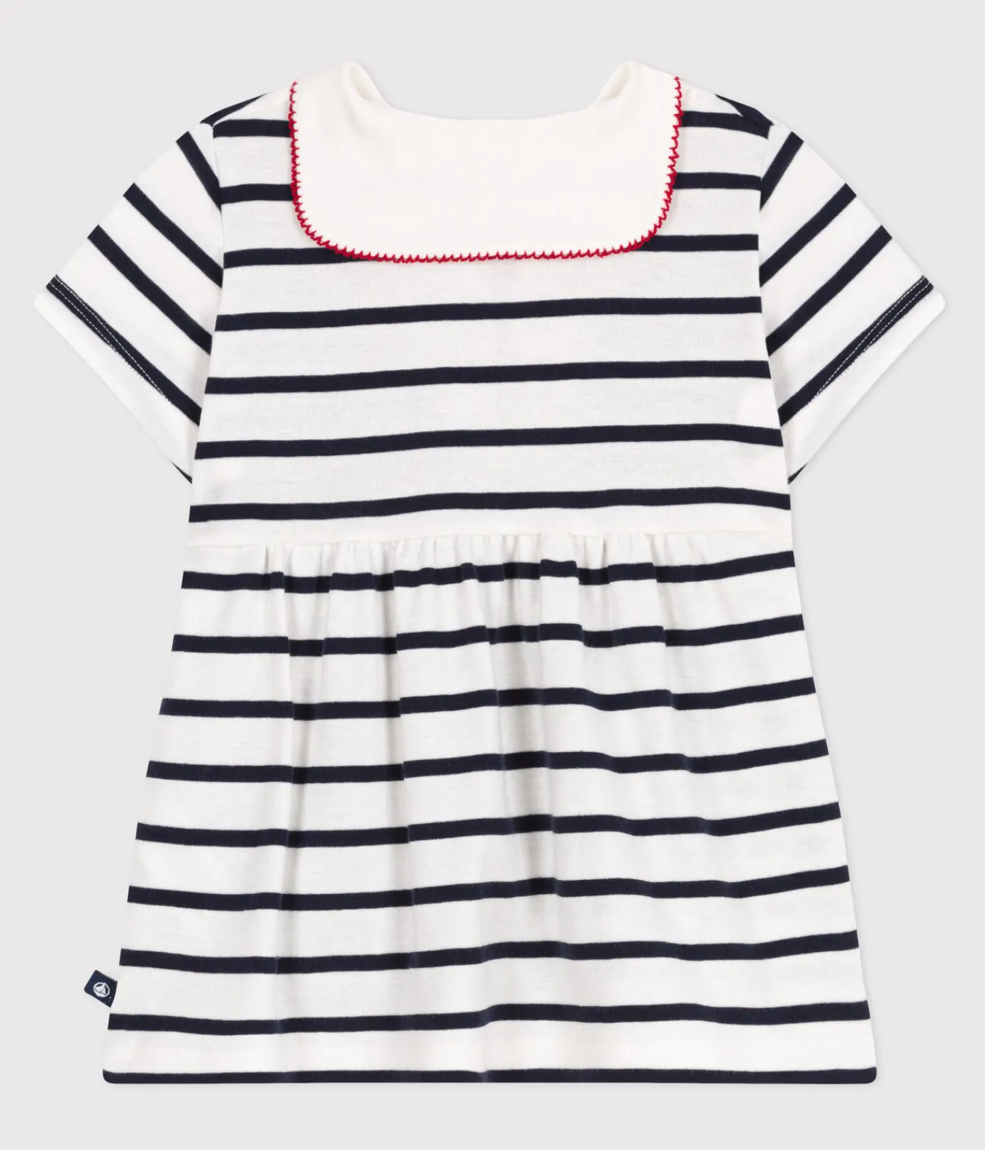 Petit Bateau Kleider*Kurzärmeliges Baby-Kleid aus Baumwolle mit Marinestreifen und Matrosenkragen weiss MARSHMALLOW/blau SMOKING