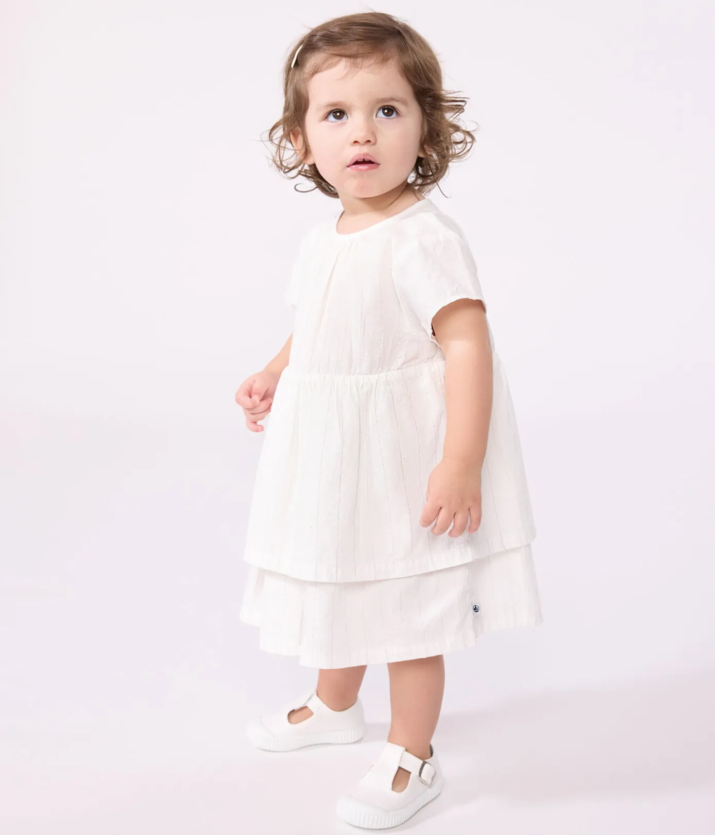 Petit Bateau Kleider*Kurzärmeliges Baby-Kleid für festliche Anlässe aus leichter Baumwolle weiss ECUME/ ARGENT