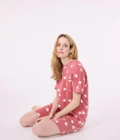 Petit Bateau Schlafanzüge, Nachthemden*Kurzärmeliges Damen-Nachthemd aus Baumwolle mit Herzmotiv rosa ROSEWOOD/ MARSHMALLOW