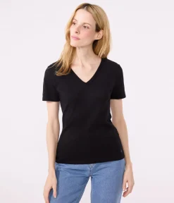 Petit Bateau Alle T-Shirts|Das Ikonische (Slim)*Kurzärmeliges Damen-T-Shirt L'ICONIQUE aus einfarbigem Rippstrick schwarz BLACK