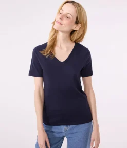 Petit Bateau Alle T-Shirts|Das Ikonische (Slim)*Kurzärmeliges Damen-T-Shirt L'ICONIQUE aus einfarbigem Rippstrick blau SMOKING
