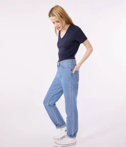 Petit Bateau Alle T-Shirts|Das Ikonische (Slim)*Kurzärmeliges Damen-T-Shirt L'ICONIQUE aus einfarbigem Rippstrick blau SMOKING