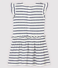Petit Bateau Kleider*Kurzärmeliges, gestreiftes Babykleid aus Baumwolle/Leinen für Mädchen weiss MARSHMALLOW/blau MEDIEVAL