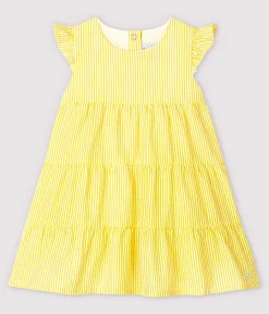 Petit Bateau Kleider*Kurzärmeliges, gestreiftes Baby-Kleid aus Seersucker für Mädchen gelb SHINE/weiss MARSHMALLOW