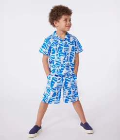 Petit Bateau T-Shirts, Poloshirts, Hemden*Kurzärmeliges Kinder-Hemd aus bedruckter Baumwolle blau MARSHMALLOW/ PORCELANA