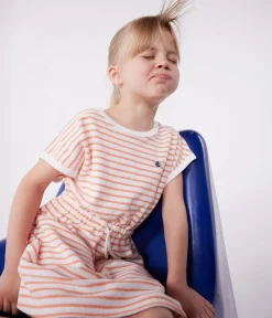 Petit Bateau Kleider, Röcke*Kurzärmeliges Kinder-Kleid aus Baumwoll-Frottee mit Streifen orange MARSHMALLOW/ ABRICOT