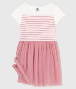 Petit Bateau Kleider, Röcke*Kurzärmeliges Kinder-Kleid aus Baumwolle und Tüll weiss MARSHMALLOW/rosa CHARME