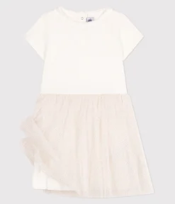 Petit Bateau Kleider, Röcke*Kurzärmeliges Kinder-Kleid aus Baumwolle und Tüll weiss MARSHMALLOW/rosa COPPER