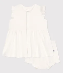 Petit Bateau Kleider|Newborn*Kurzärmeliges weißes Baby-Kleid mit Wabenmuster und Bloomer weiss MARSHMALLOW