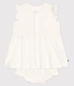 Petit Bateau Kleider|Newborn*Kurzärmeliges weißes Baby-Kleid mit Wabenmuster und Bloomer weiss MARSHMALLOW