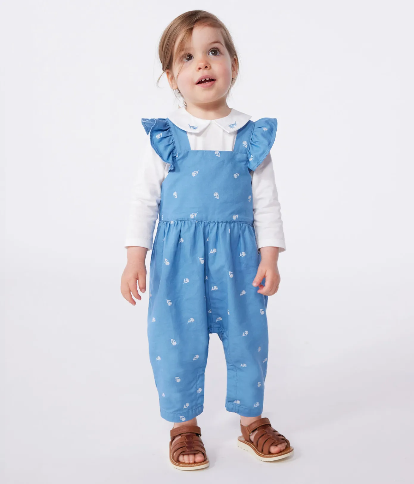 Petit Bateau Sets, Overalls & Latzhosen*Langbeinige Baby-Latzhose aus Baumwolle mit bestickten Blumen blau ALASKA/weiss MARSHMALLOW