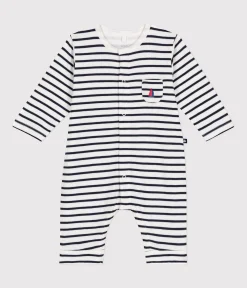 Petit Bateau Sets, Overalls & Latzhosen|Newborn*Langer Baby-Overall aus Doppeljersey weiss MARSHMALLOW/blau SMOKING