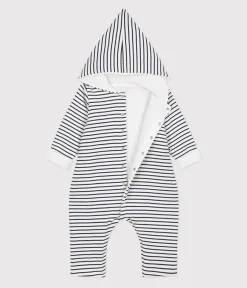 Petit Bateau Sets, Overalls & Latzhosen|Newborn*Langer wattierter Baby-Overall aus Baumwolle mit Kapuze weiss MARSHMALLOW/blau SMOKING