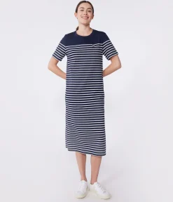 Petit Bateau Kleider, Hosen*Langes Damen-Kleid aus Baumwolle mit Streifen blau SMOKING/weiss MARSHMALLOW