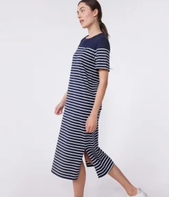 Petit Bateau Kleider, Hosen*Langes Damen-Kleid aus Baumwolle mit Streifen blau SMOKING/weiss MARSHMALLOW