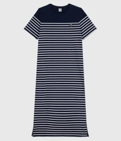 Petit Bateau Kleider, Hosen*Langes Damen-Kleid aus Baumwolle mit Streifen blau SMOKING/weiss MARSHMALLOW