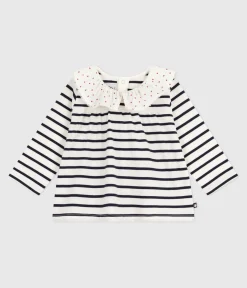 Petit Bateau T-Shirts, Oberteile*Langärmelige Baby-Bluse aus Baumwolle mit Matrosenstreifen und Herz-Kragen weiss MARSHMALLOW/blau SMOKING