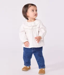 Petit Bateau T-Shirts, Oberteile*Langärmelige Baby-Bluse aus Baumwoll-Popeline mit Kragen und Stickereien weiss ECUME