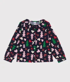 Petit Bateau T-Shirts, Tops, Oberteile*Langärmelige Kinder-Bluse aus Flanell für Mädchen blau SMOKING/weiss MULTICO