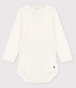 Petit Bateau T-Shirts, Oberteile*Langärmeliger Baby-Body aus Baumwolle mit Rüschenkragen weiss MARSHMALLOW