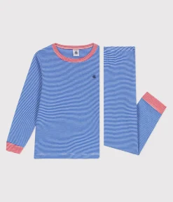 Petit Bateau Schlafanzüge, Pyjamas|Schlafanzüge, Nachthemden*Langärmeliger Kinder-Pyjama aus Baumwolle mit Streifen blau PERSE/weiss MARSHMALLOW