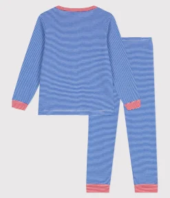 Petit Bateau Schlafanzüge, Pyjamas|Schlafanzüge, Nachthemden*Langärmeliger Kinder-Pyjama aus Baumwolle mit Streifen blau PERSE/weiss MARSHMALLOW