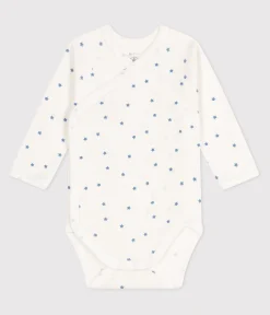 Petit Bateau Bodys|Newborn*Langärmeliger Wickelbody aus Baumwolle weiss MARSHMALLOW/blau ALASKA