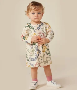 Petit Bateau Kleider*Langärmeliges Baby-Kleid weiss AVALANCHE/ MULTICO