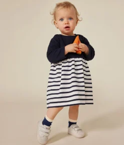 Petit Bateau Kleider*Langärmeliges Baby-Kleid aus Doppeljersey blau SMOKING/weiss MARSHMALLOW