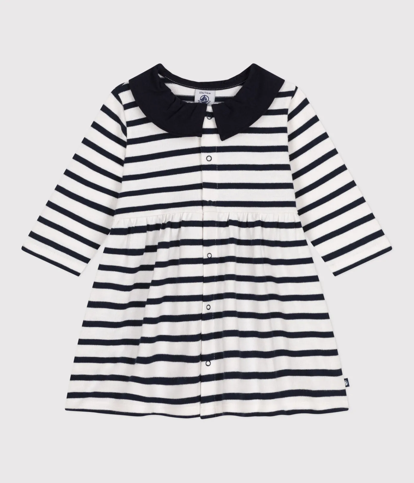 Petit Bateau Kleider*Langärmeliges Baby-Kleid aus dickem Jersey weiss MARSHMALLOW/blau SMOKING