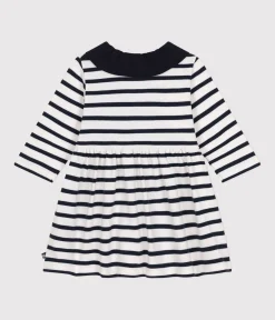 Petit Bateau Kleider*Langärmeliges Baby-Kleid aus dickem Jersey weiss MARSHMALLOW/blau SMOKING