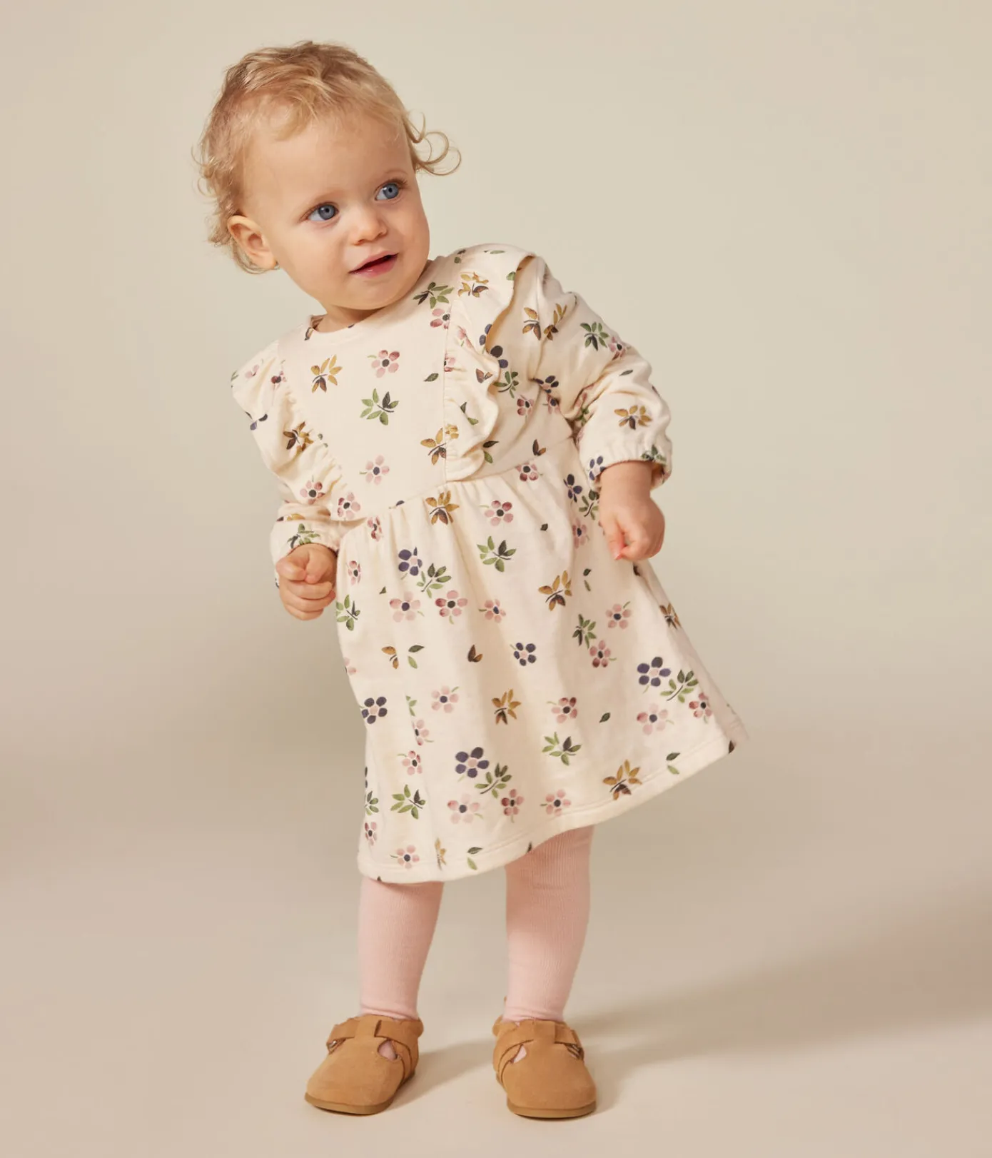Petit Bateau Kleider*Langärmeliges Baby-Kleid aus Doppeljersey weiss AVALANCHE/ MULTICO
