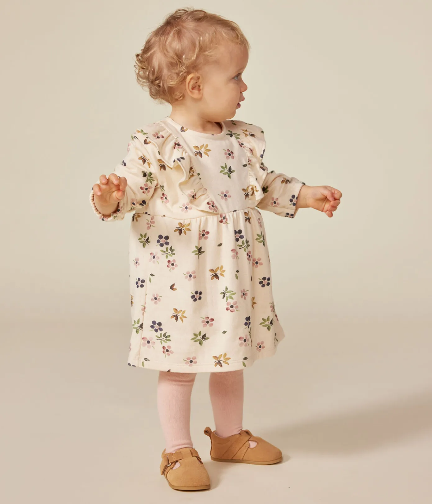 Petit Bateau Kleider*Langärmeliges Baby-Kleid aus Doppeljersey weiss AVALANCHE/ MULTICO