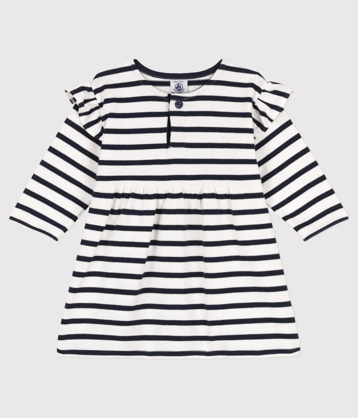 Petit Bateau Kleider*Langärmeliges Babykleid aus dichtem Jersey für Mädchen weiss MARSHMALLOW/blau SMOKING