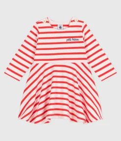 Petit Bateau Kleider*Langärmeliges Baby-Kleid aus festem Baumwollstoff mit Matrosenstreifen rosa FLEUR/ SPICY