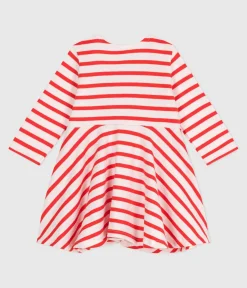 Petit Bateau Kleider*Langärmeliges Baby-Kleid aus festem Baumwollstoff mit Matrosenstreifen rosa FLEUR/ SPICY