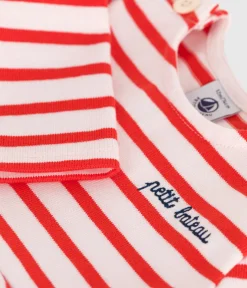 Petit Bateau Kleider*Langärmeliges Baby-Kleid aus festem Baumwollstoff mit Matrosenstreifen rosa FLEUR/ SPICY