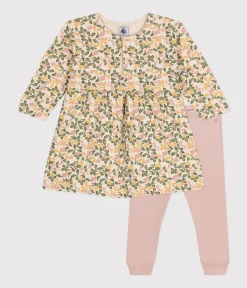 Petit Bateau Kleider*Langärmeliges Babykleid aus Doppeljersey und Leggings aus Baumwolle weiss AVALANCHE/ MULTICO