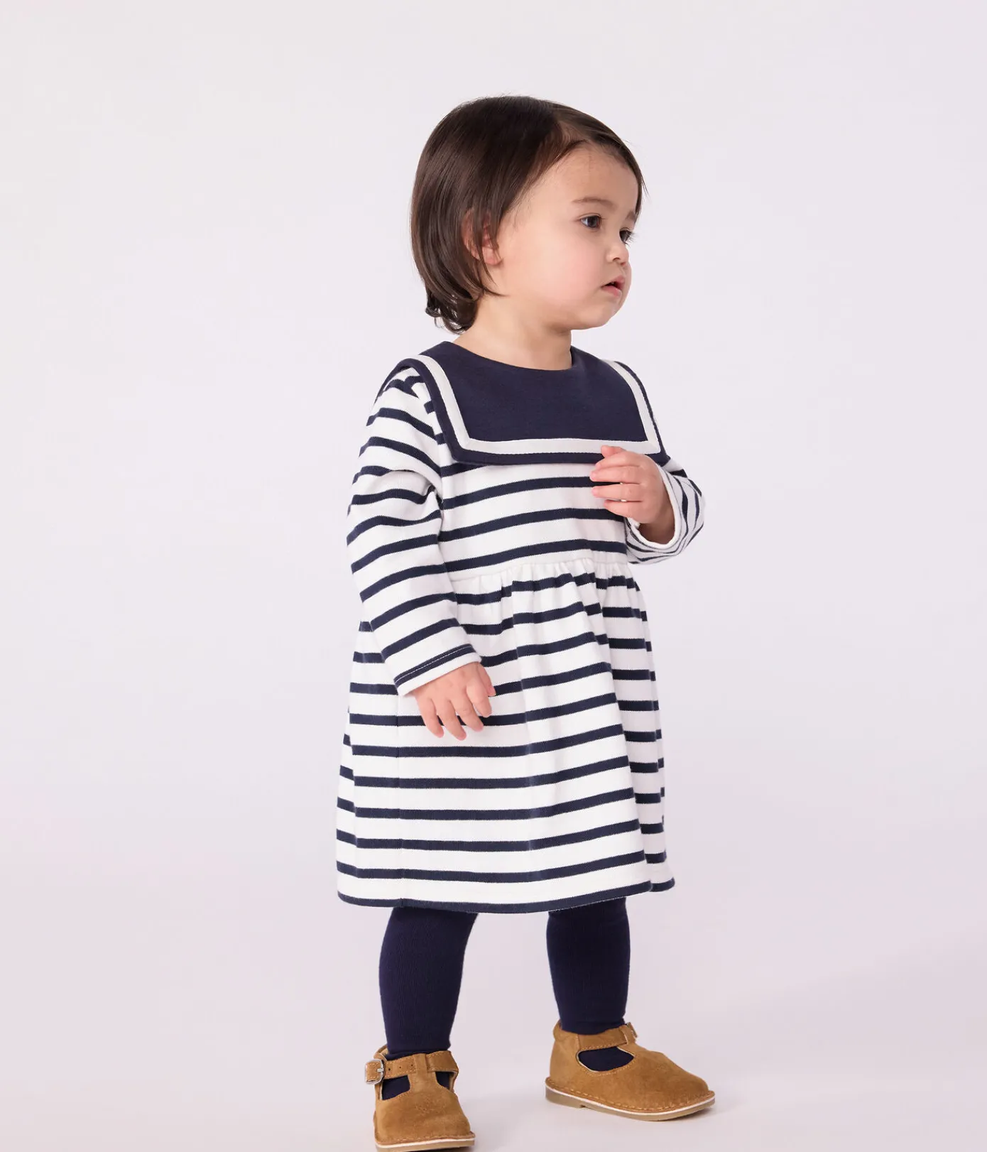 Petit Bateau Kleider*Langärmeliges Baby-Kleid aus festem Baumwollstoff mit Matrosenstreifen weiss MARSHMALLOW/blau SMOKING