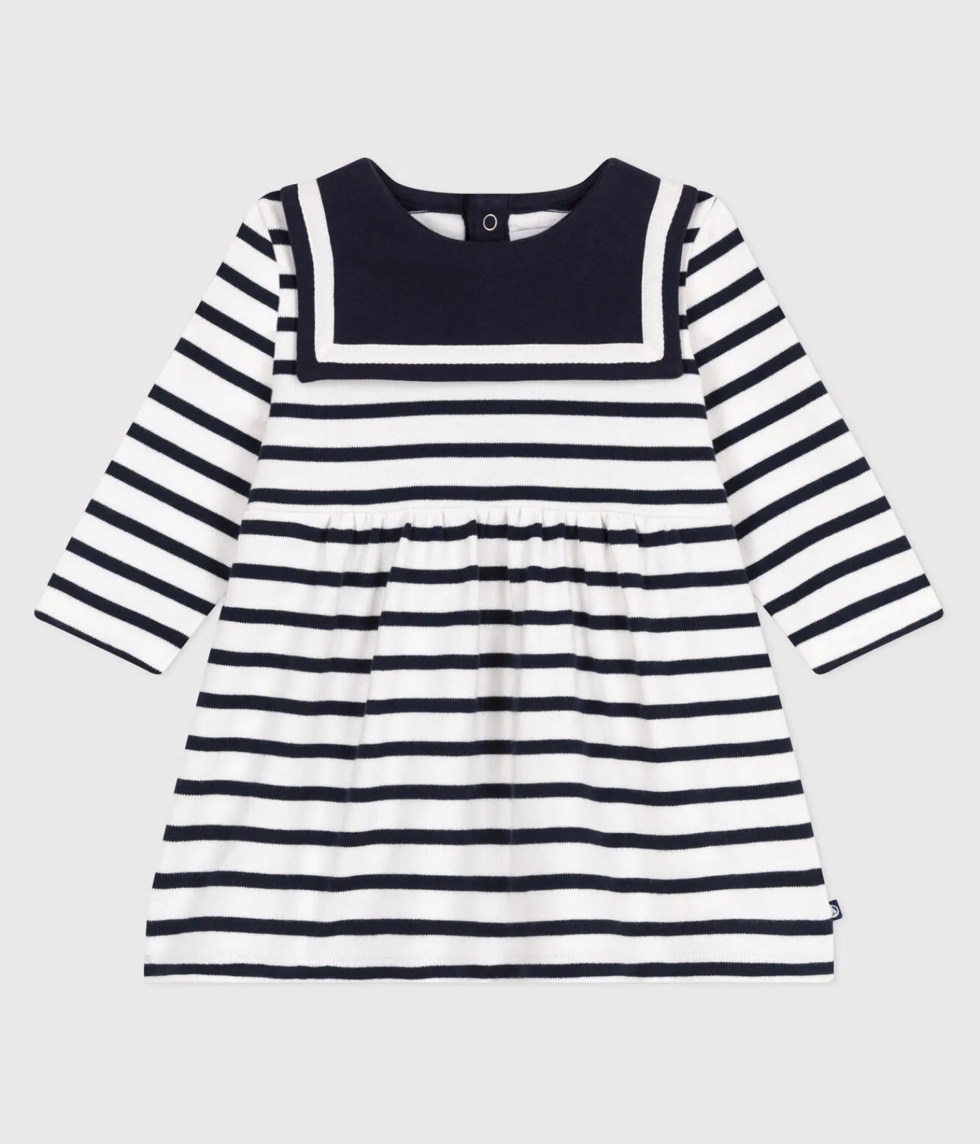 Petit Bateau Kleider*Langärmeliges Baby-Kleid aus festem Baumwollstoff mit Matrosenstreifen weiss MARSHMALLOW/blau SMOKING